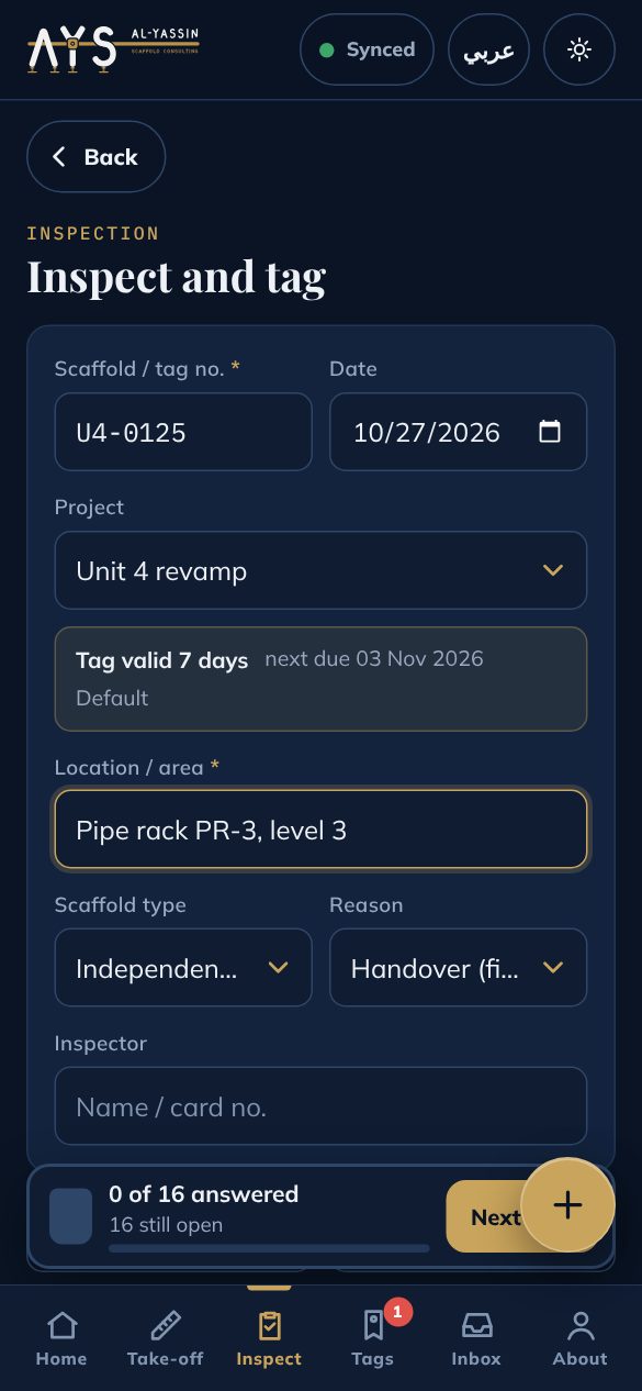 Inspection checklist with tag validity and sections