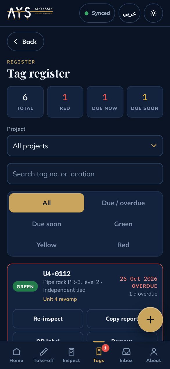 Tag register with green, yellow and red tags and due dates