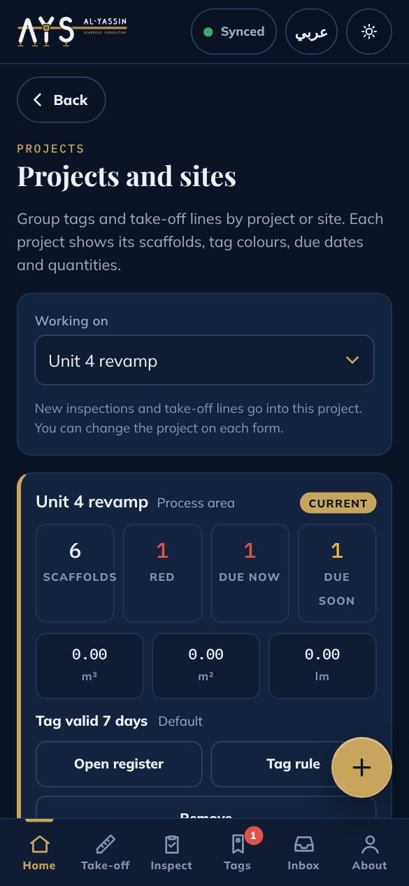 Projects screen with scaffold counts and tag rule