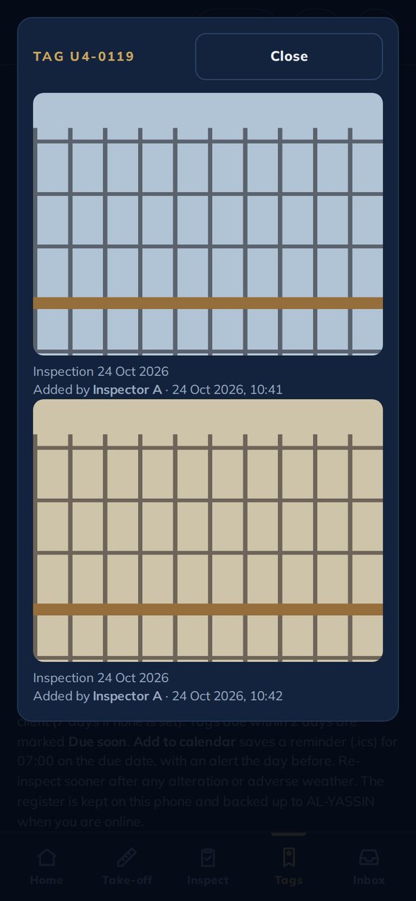 Photo evidence on an inspection with who added each photo and when