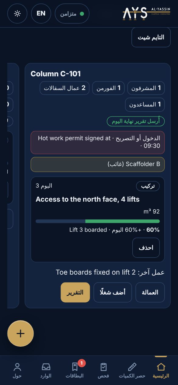لوحة اليوم بعمود لكل منطقة والعمالة حسب المهنة وتقرير المشرف
